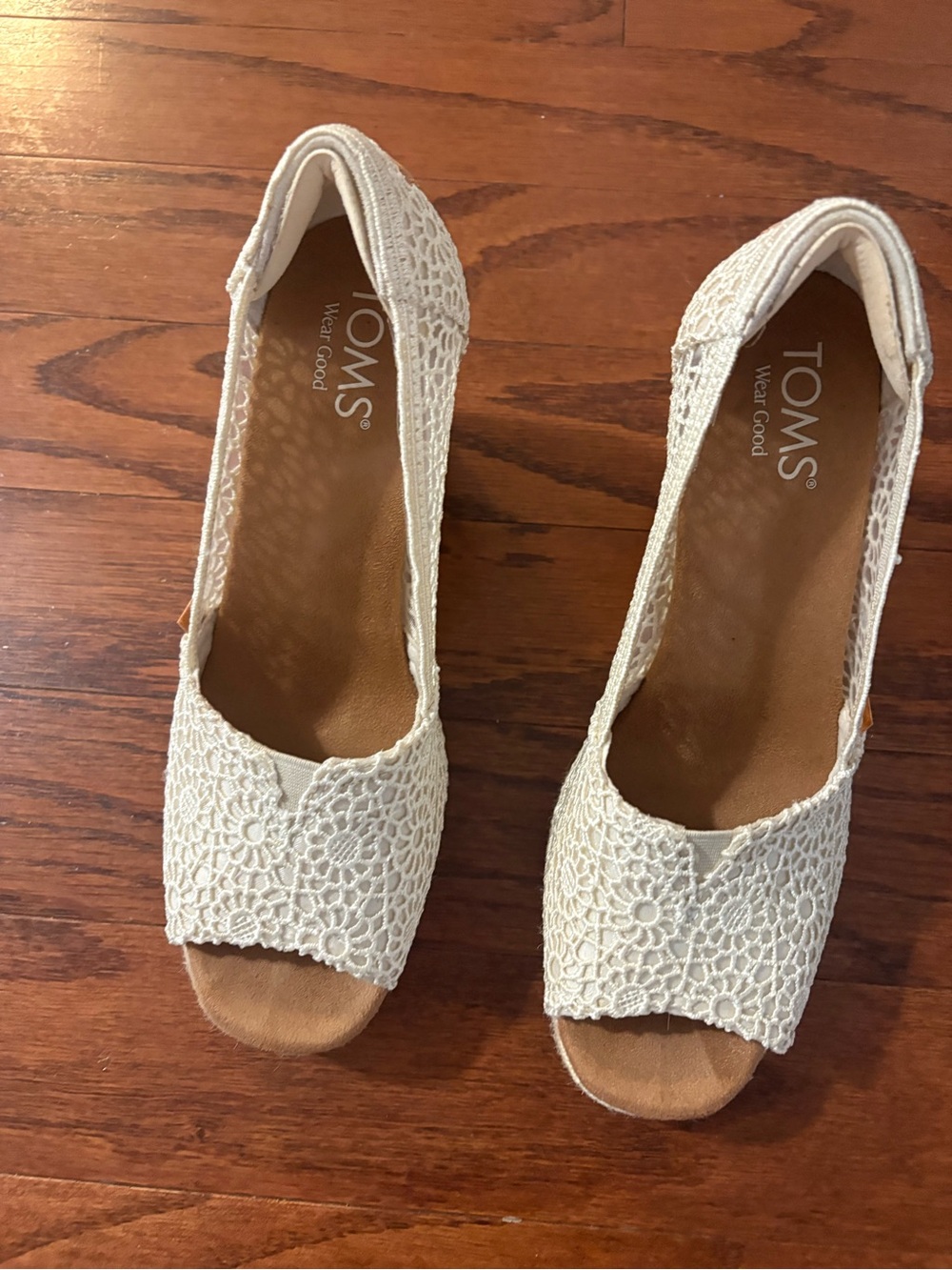 TOMS Cream Lace Peep-Toe Wedge Heels